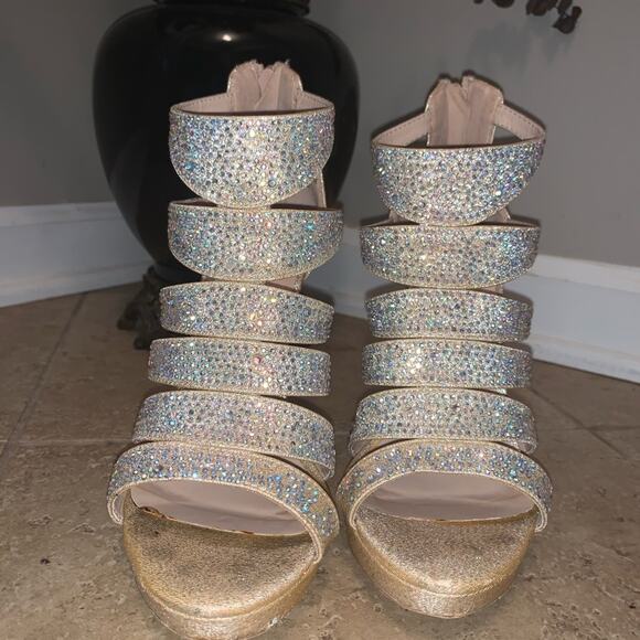 Dressy formal Heels - Glitter Gold tone with Rhinestones 4" Heel Platform sz 7 - Picture 5 of 8